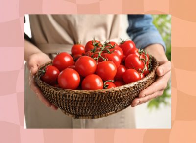 close-up of woman holding a basket of fresh tomatoes