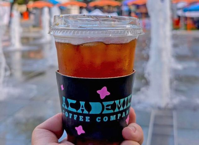 Iced coffee in a branded sleeve from Academic Coffee Company in San Jose, Calif.