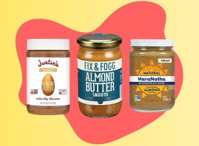 A trio of almond butter brands set against a colorful background