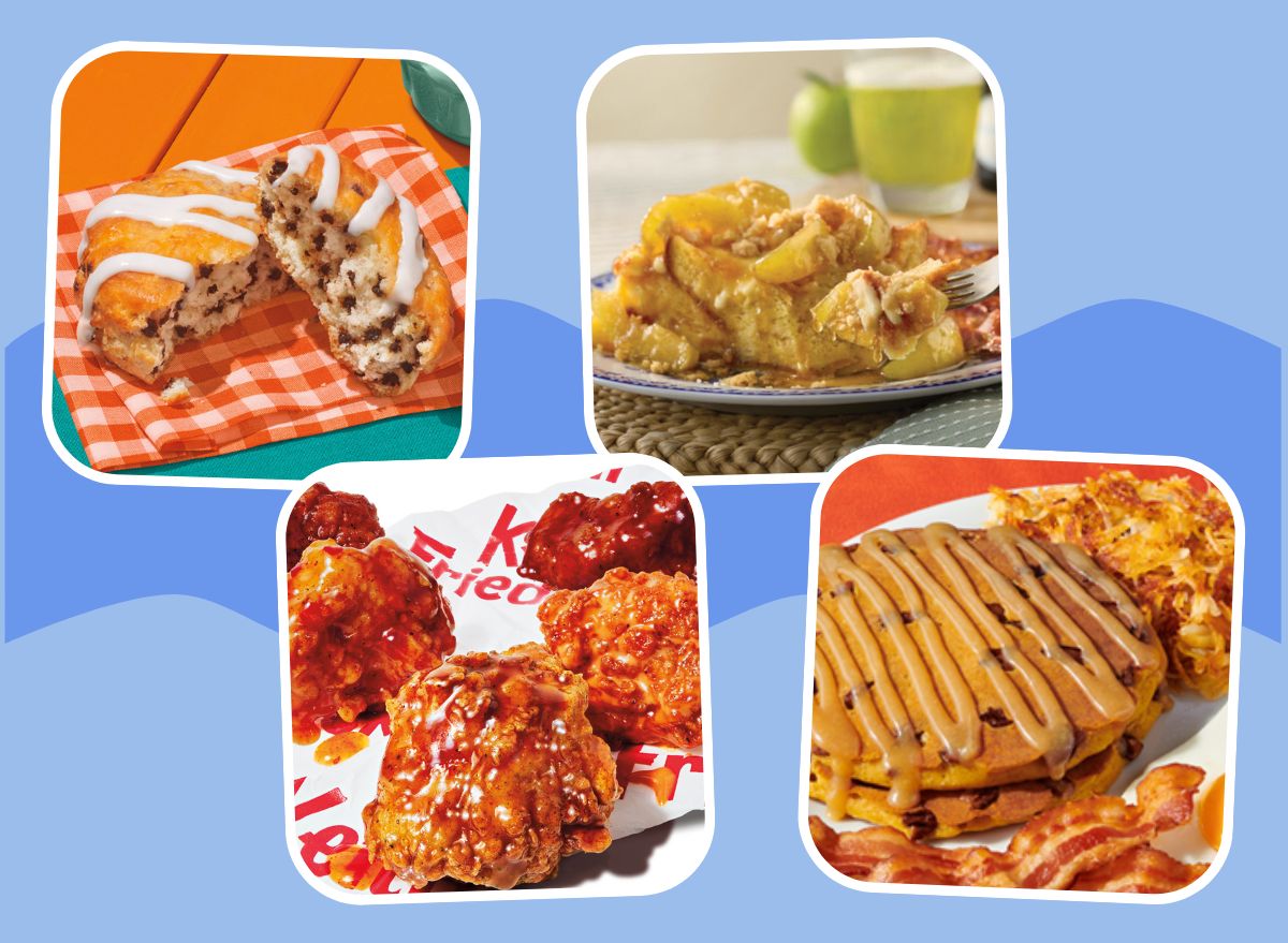 pictures of Popeyes Chocolate Chip Biscuits, Cracker Barrel Signature Fried Apple French Toast Bake, KFC Saucy Nuggets, and Denny's Pumpkin Pecan Pancakes on blue background