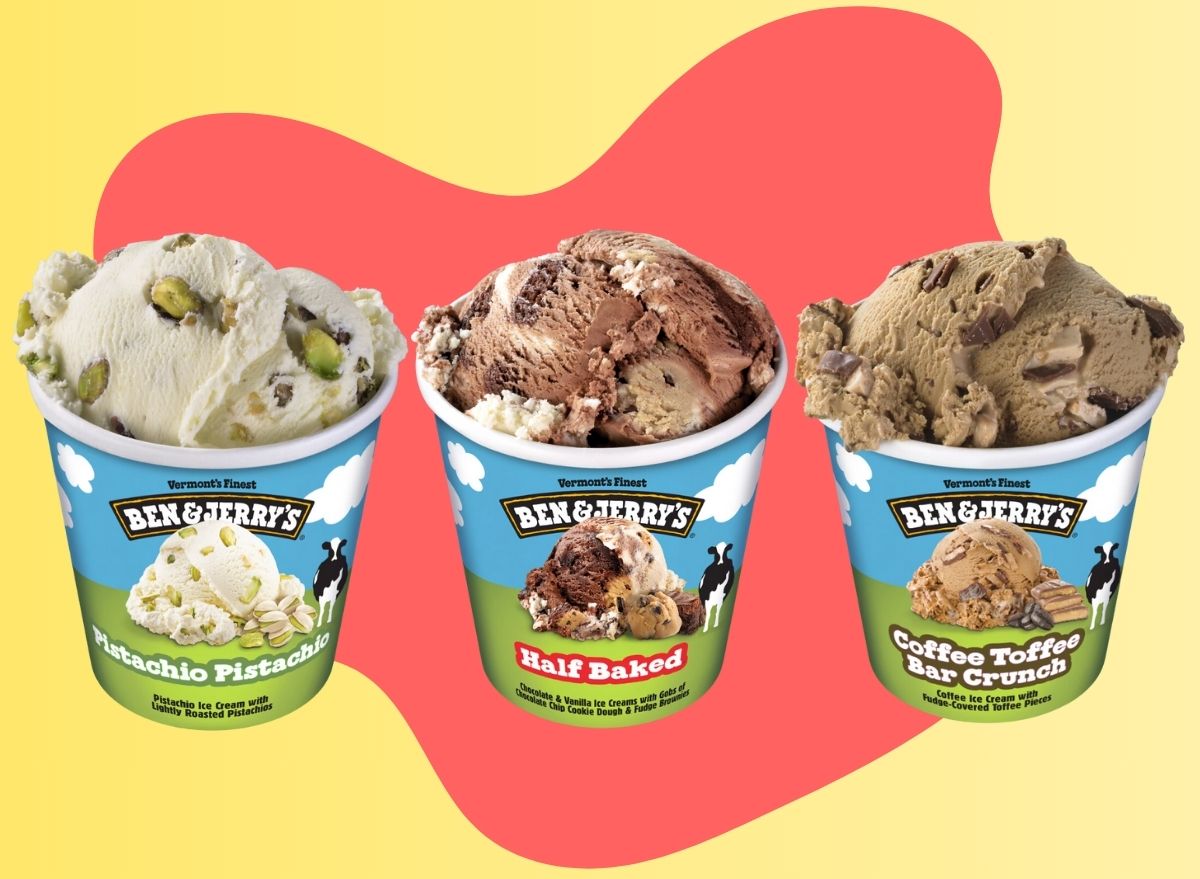 A trio of Ben & Jerry's ice cream flavors set against a colorful background