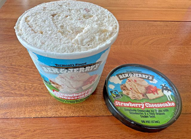 A pint of Ben & Jerry's strawberry cheesecake ice cream