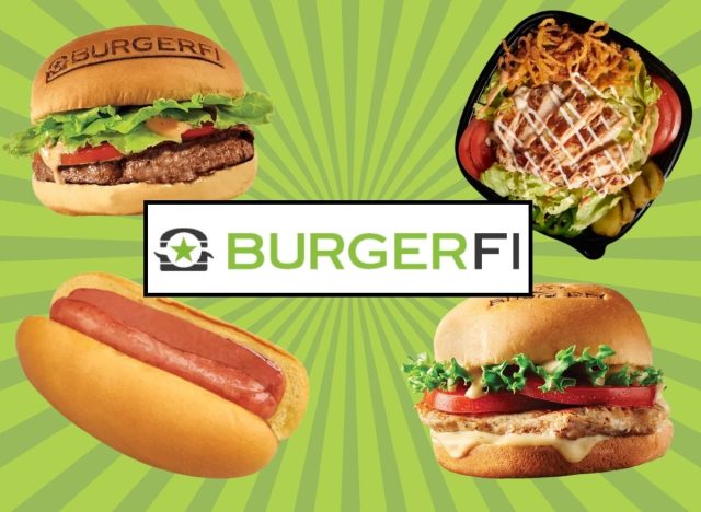 BurgerFi logo and menu items on a green background