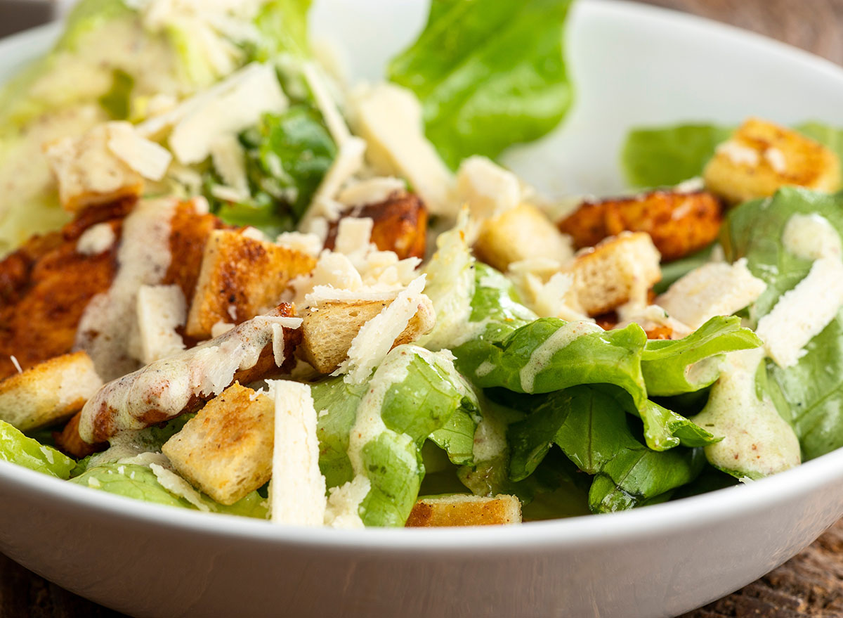 A closeup of a classic Caesar salad