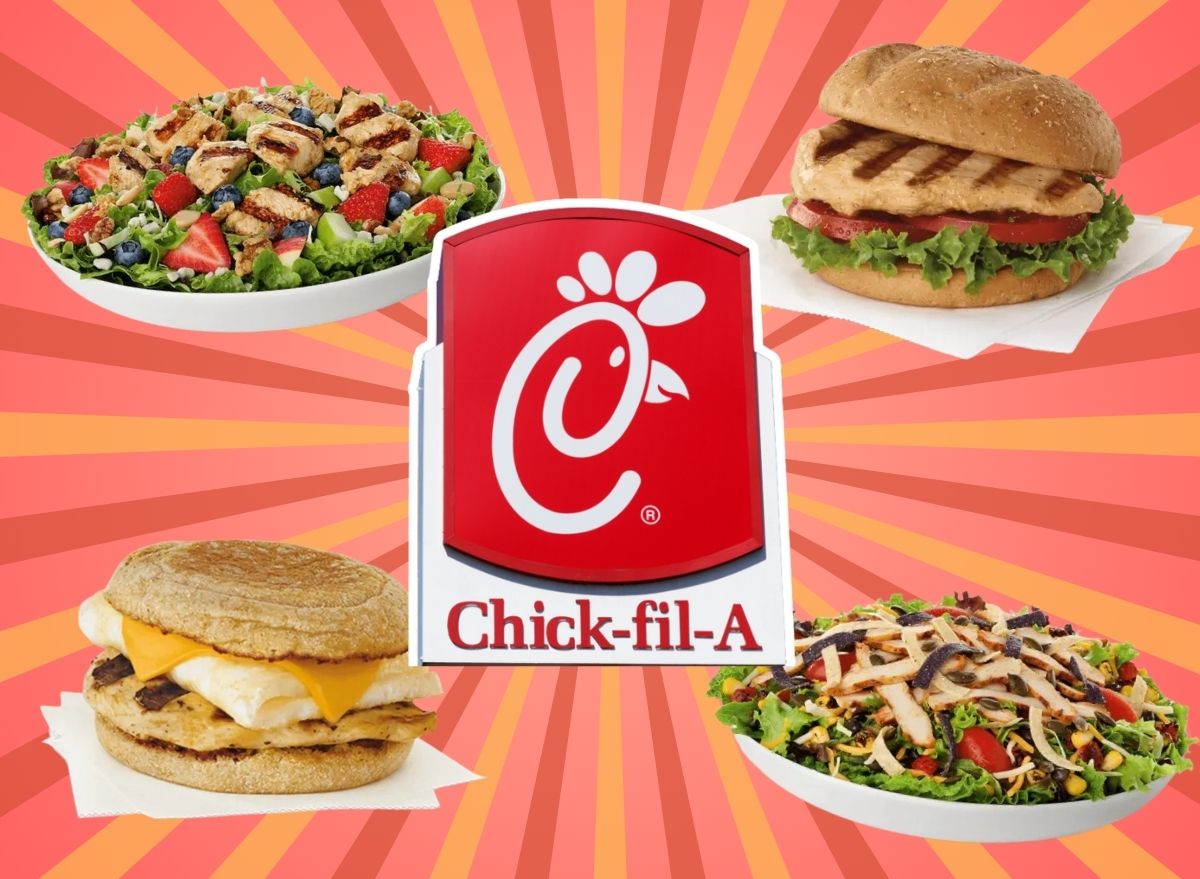 Chick-fil-A sign and menu items on a red and yellow striped background