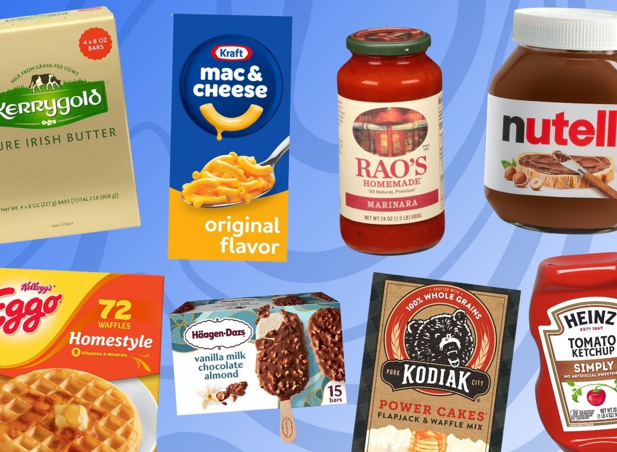 An assortment of brand-name grocery items set against a vibrant blue background