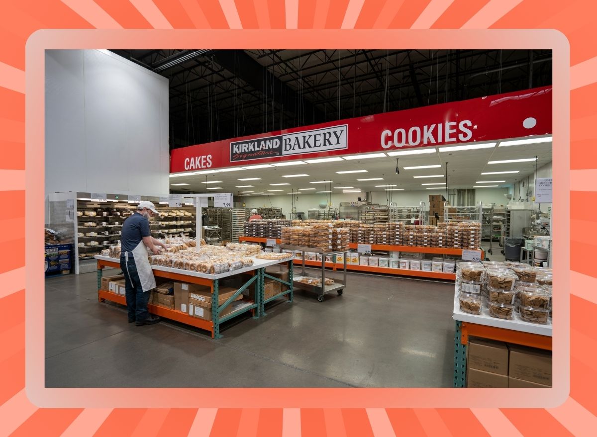 Costco bakery department on striped red background