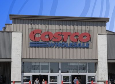 Costco exterior on wavy blue background