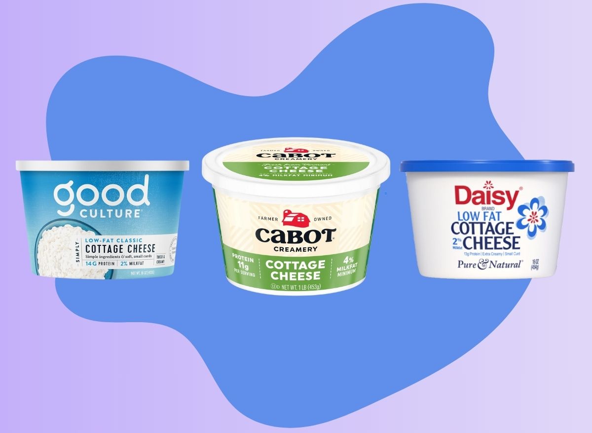 A trio of popular cottage cheese brands set against a colorful background.