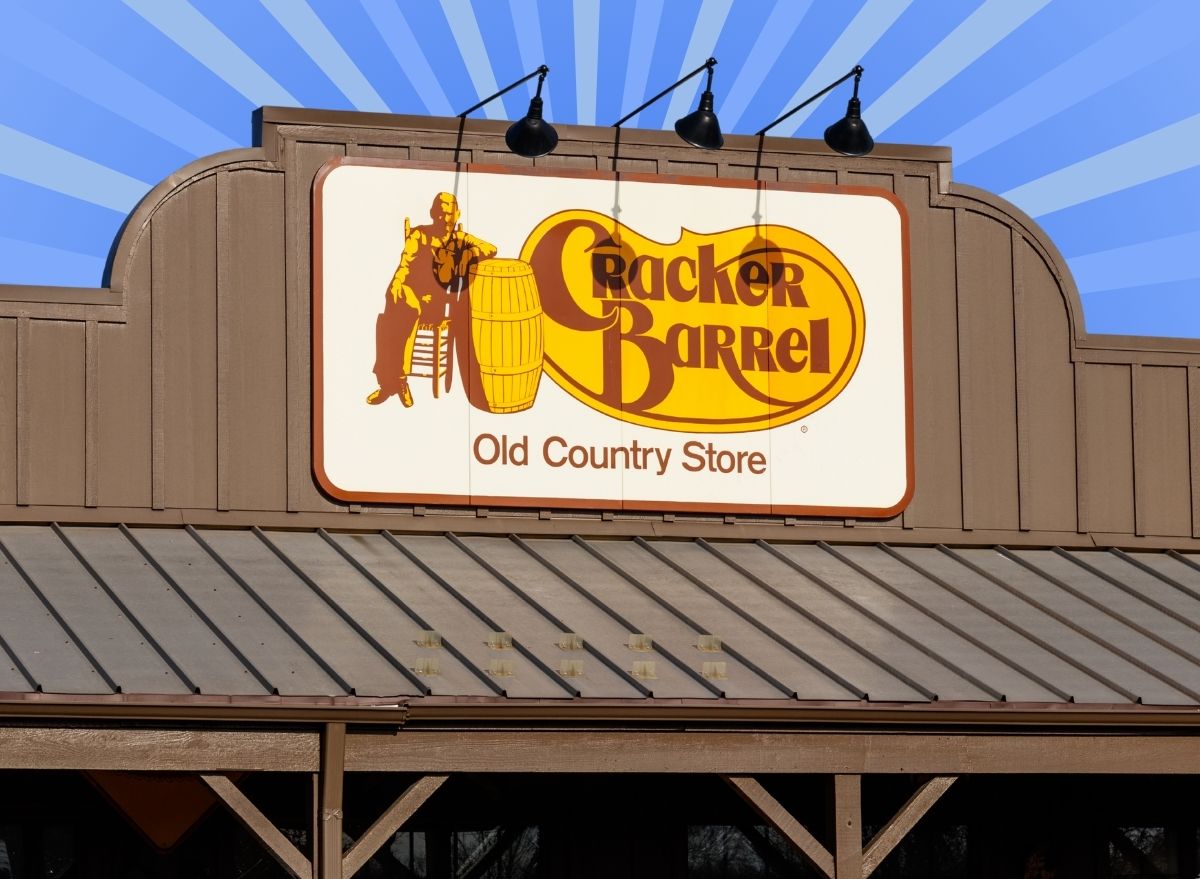 Cracker Barrel storefront on striped blue background