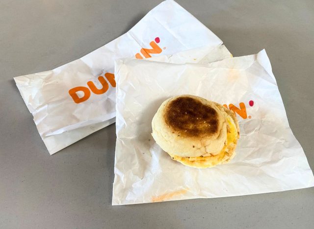 Dunkin' Donuts egg and cheese on a countertop