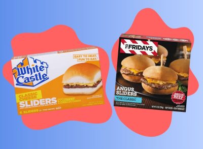 Boxes of frozen sliders from White Castle and TGI Fridays set against a colorful background.