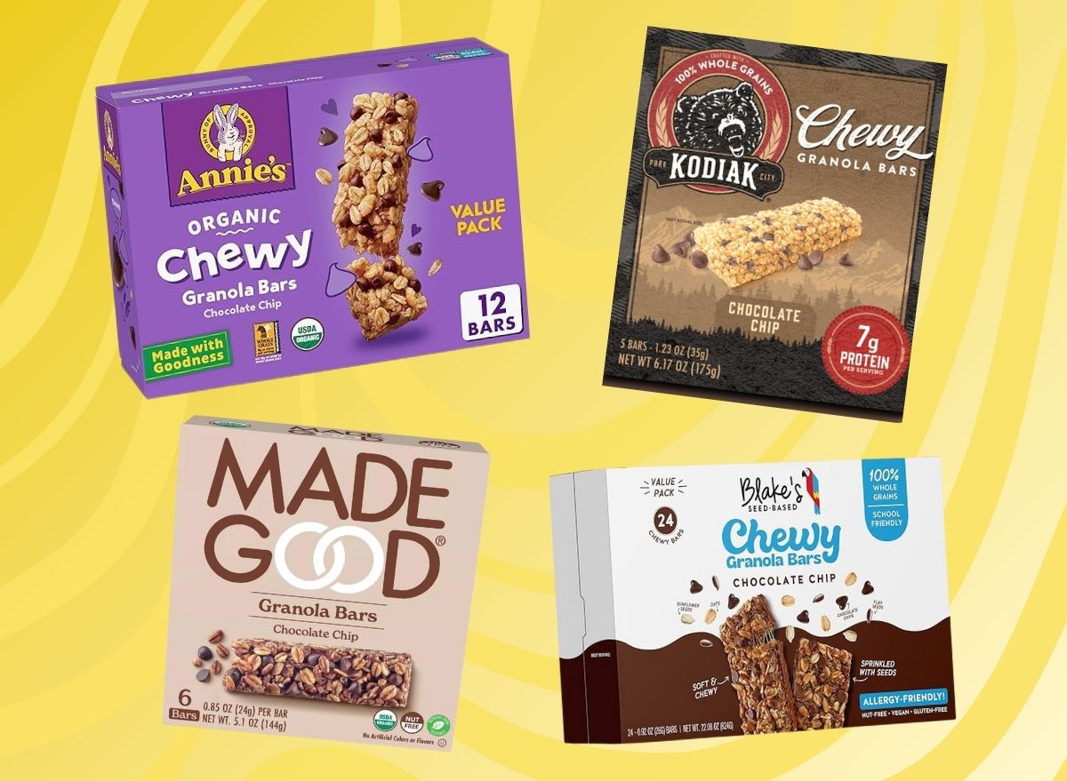 A quartet of chocolate chip granola bar brands set against a vibrant yellow background