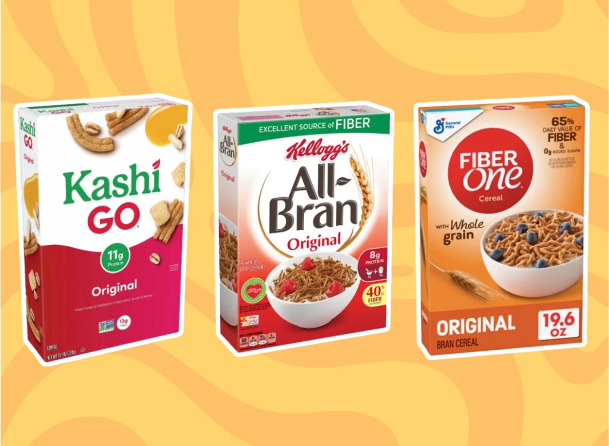 three boxes of high-fiber cereal on a yellow background