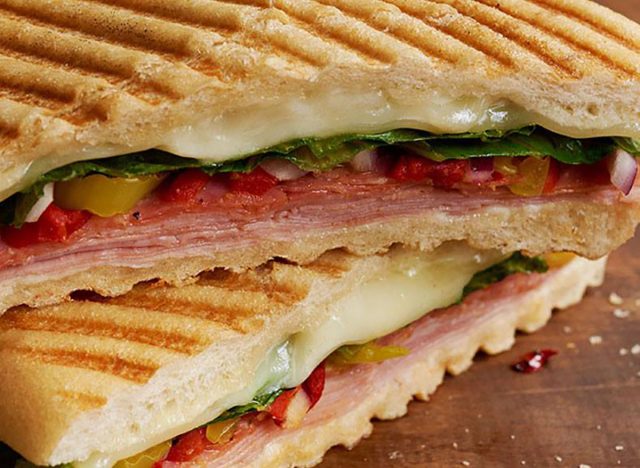 A closeup of a hot-pressed panini sandwich from Hot Table