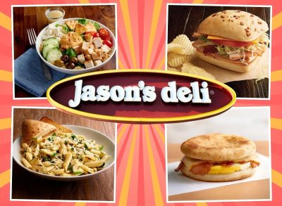 Jason's Deli sign and menu items on a red and yellow striped background