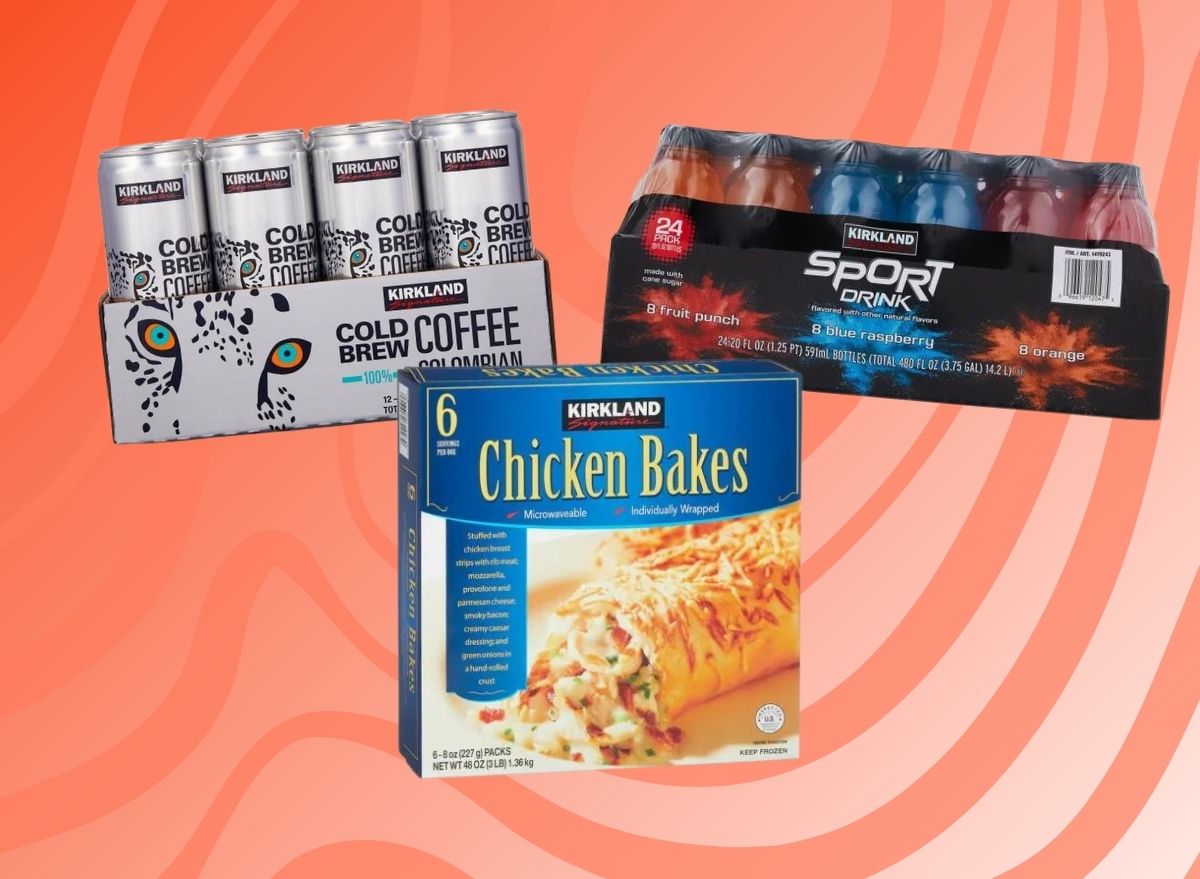 Kirkland Signature cold brew cans, sports drinks, and Chicken Bakes on patterned red background