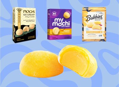 A trio of mochi ice cream brands above a pair of mango-flavored bonbons set against a colorful blue background