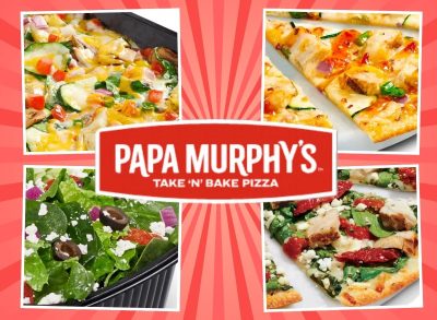 Papa Murphy's logo and menu items on a red striped background