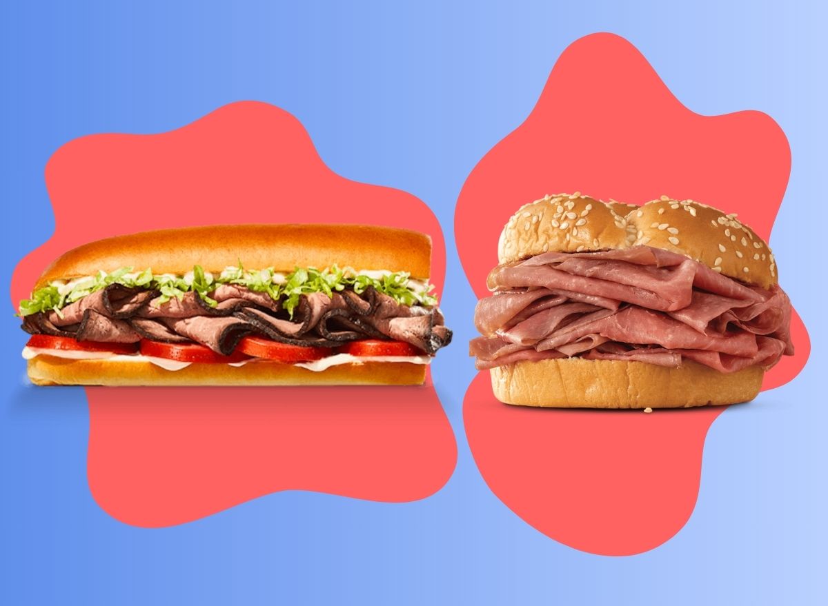 A pair of roast beef sandwiches from popular restaurant chains set against a colorful background