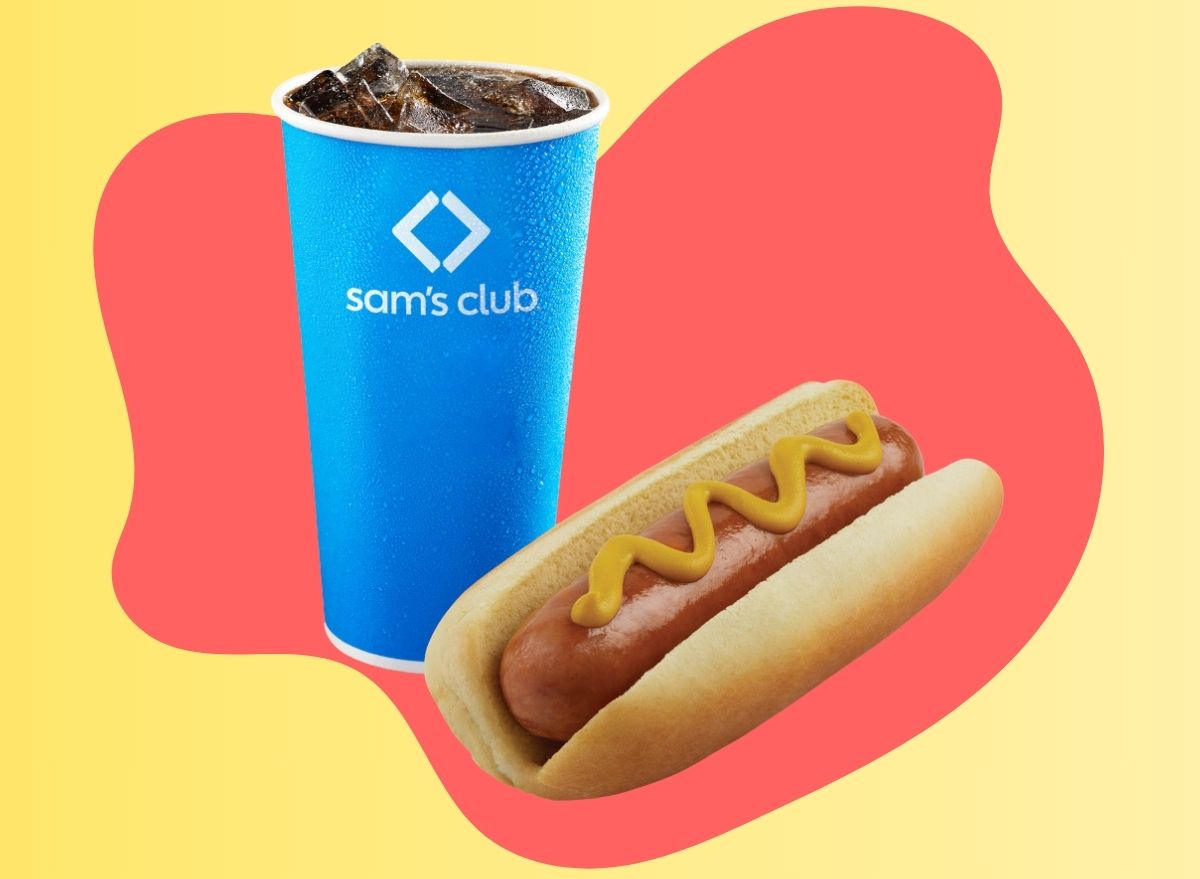 A hot dog with mustard and fountain drink from Sam's Club set against a colorful background