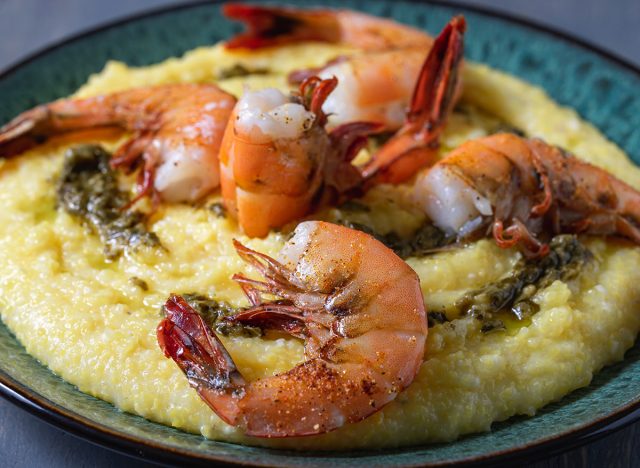 Cheese grits (polenta) and broiled shrimp.