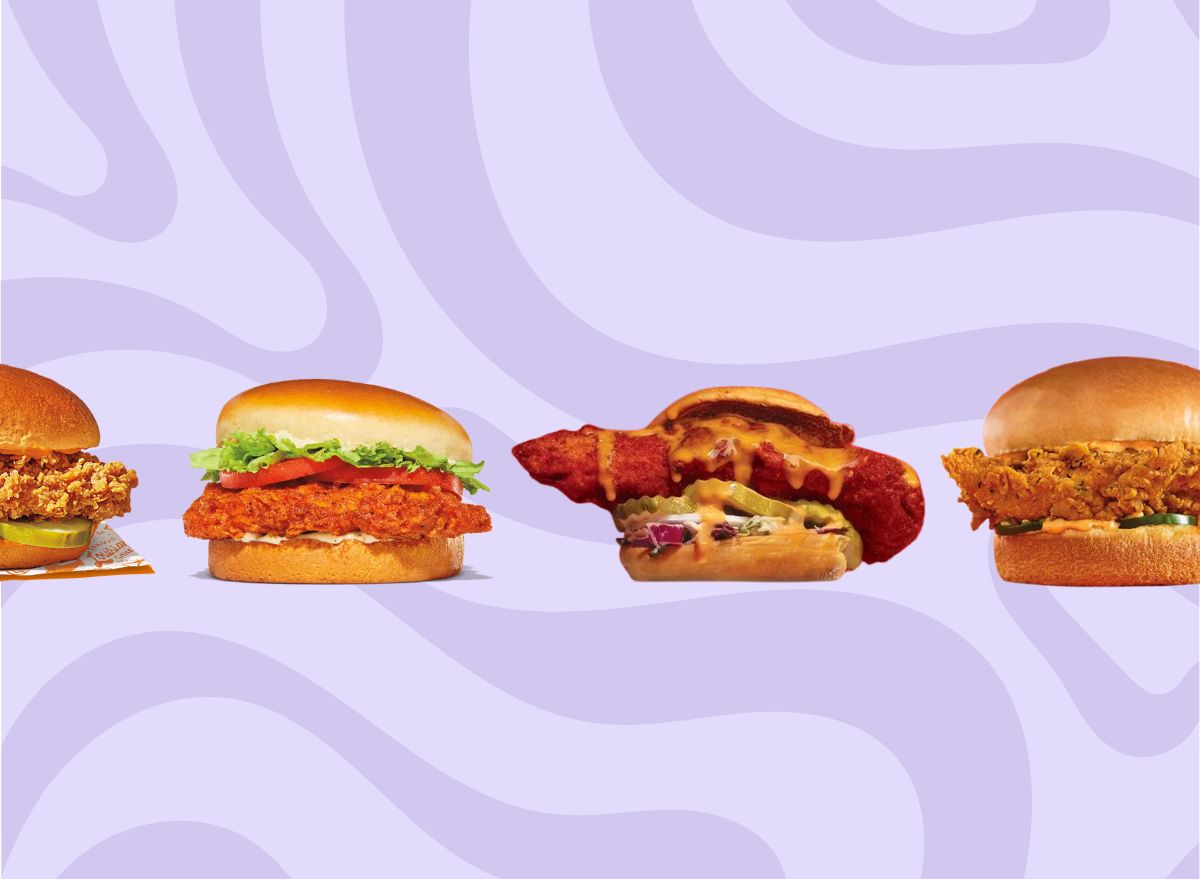 Spicy crispy chicken sandwiches on a graphic background