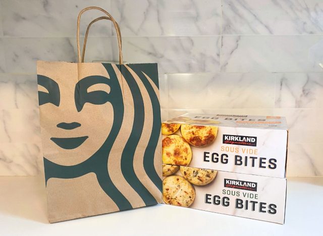 Starbucks bag and Kirkland egg bite boxes