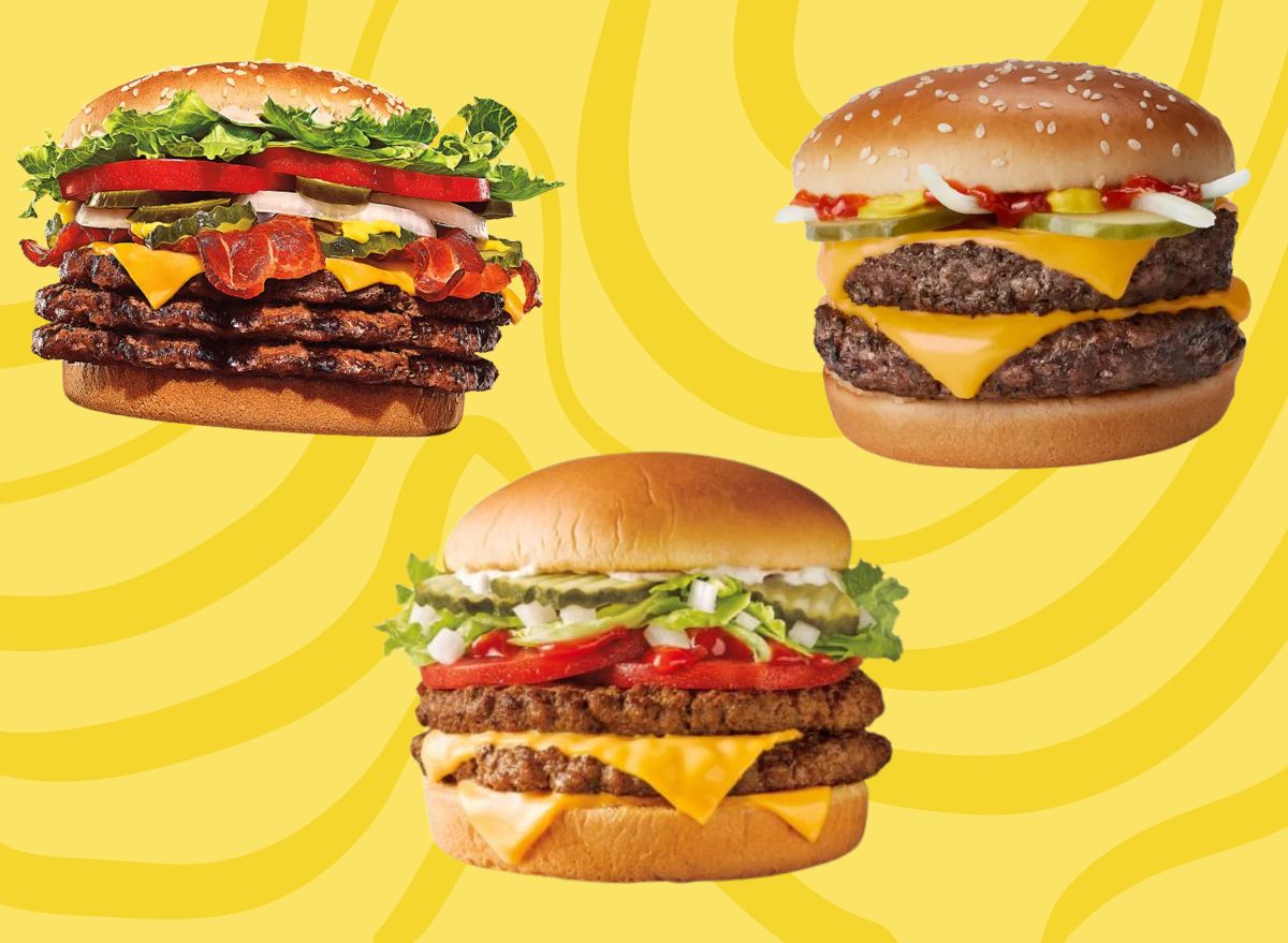 three burgers on a yellow background