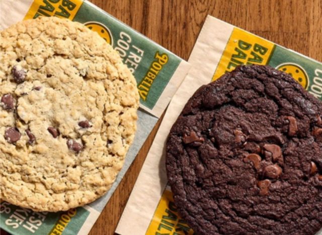 Two Potbelly chocolate chip cookies on a table