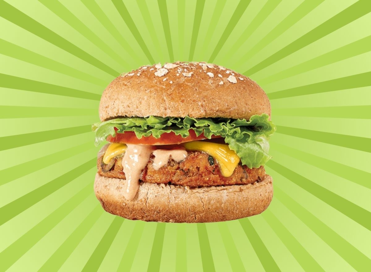 BurgerFi's VegeFi burger on a green graphic background