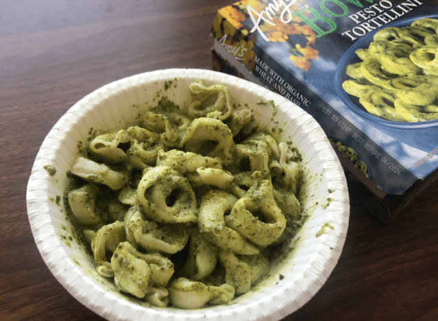 a bowl of amy's pesto tortellini