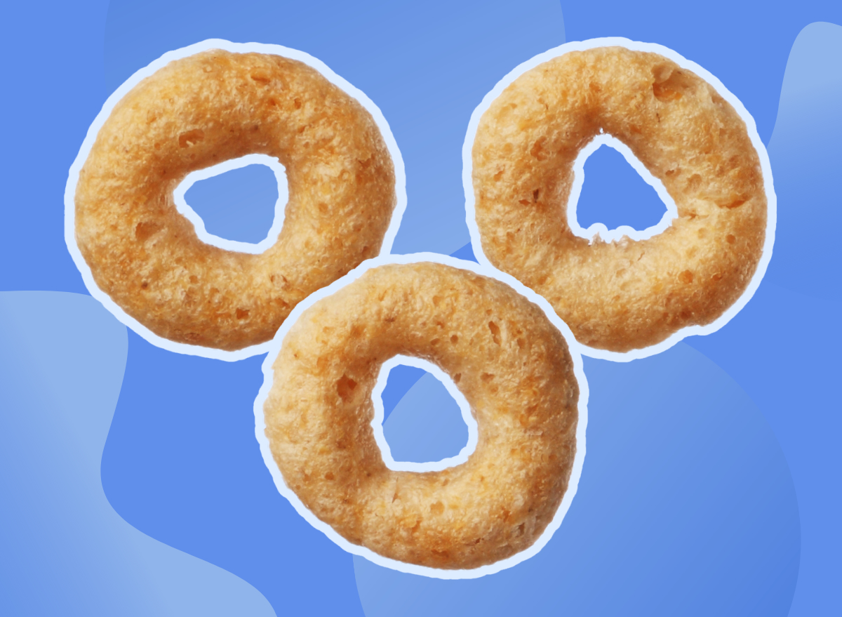 are cheerios healthy depiction with three isolated cheerios on a blue designed background