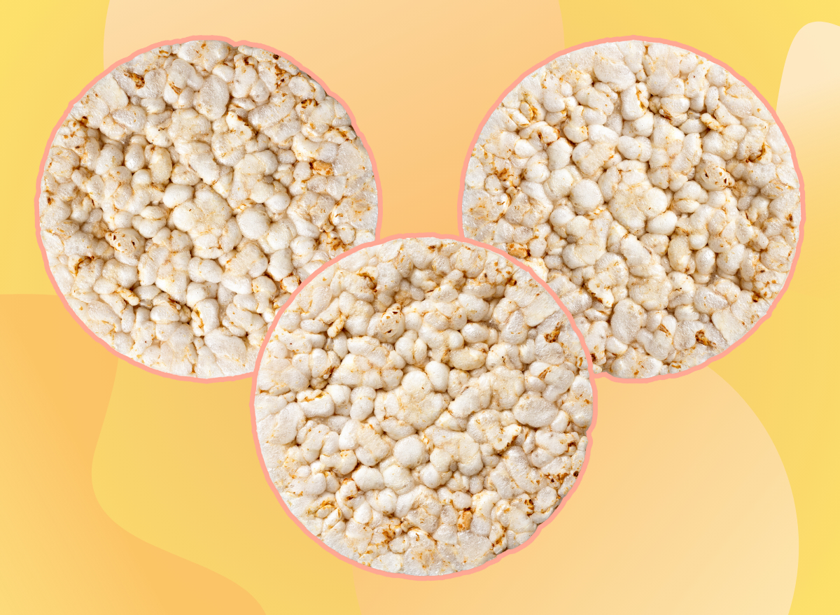 three rice cakes on a yellow designed background