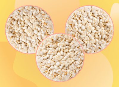 three rice cakes on a yellow designed background