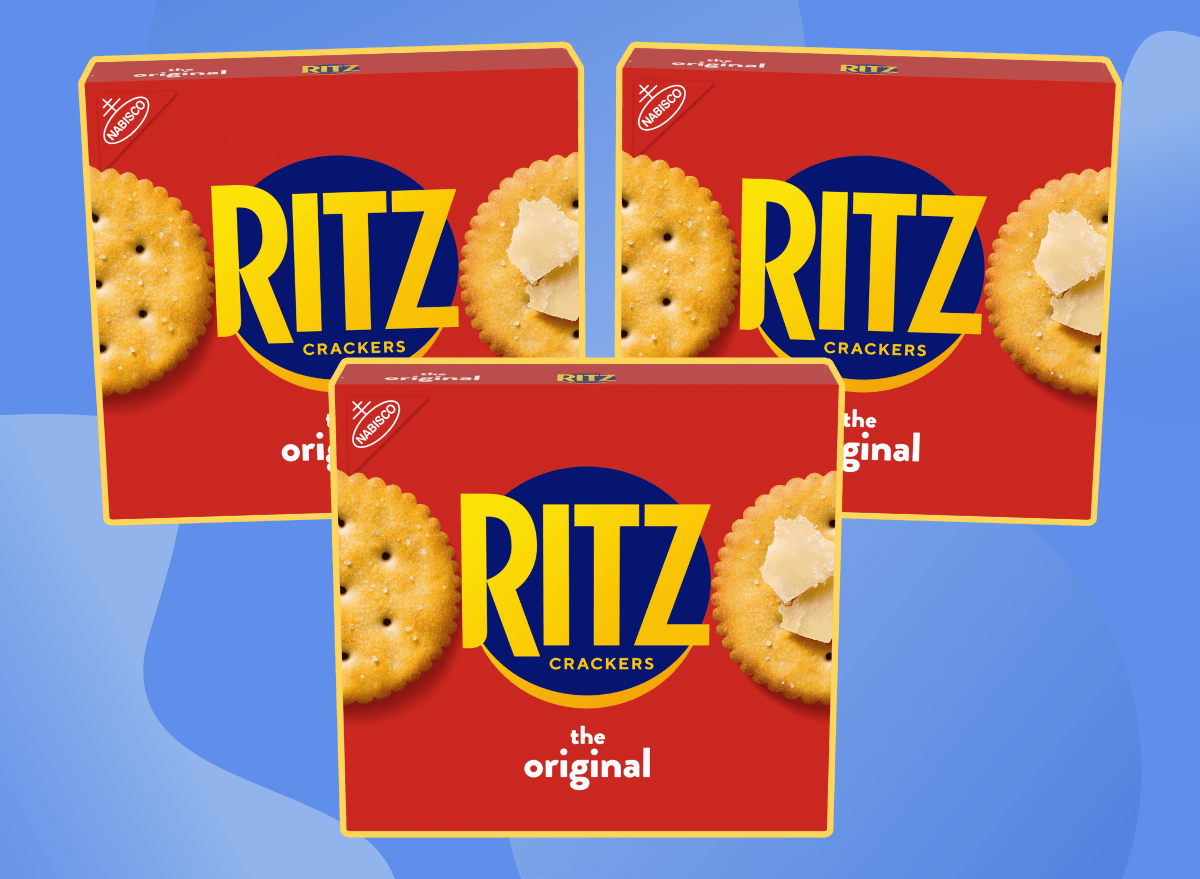 collage of three ritz cracker boxes on a designed blue background