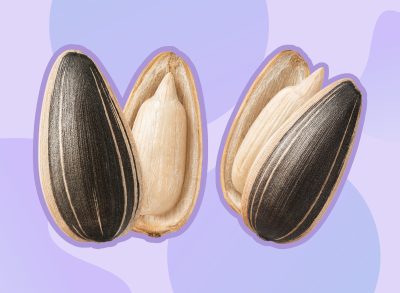 collage of two sunflower seeds with the shell cracked open on a purple background