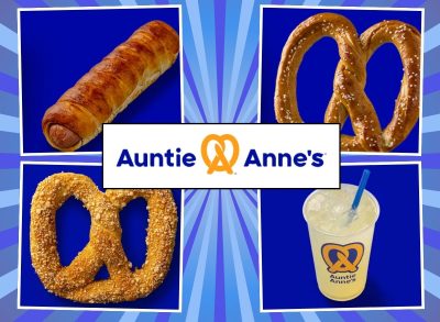 Auntie Anne's menu items on a blue striped background