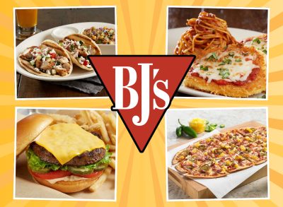 collage of healthy BJ's Restaurants and Brewhouse menu items surrounding a restaurant logo on a yellow background