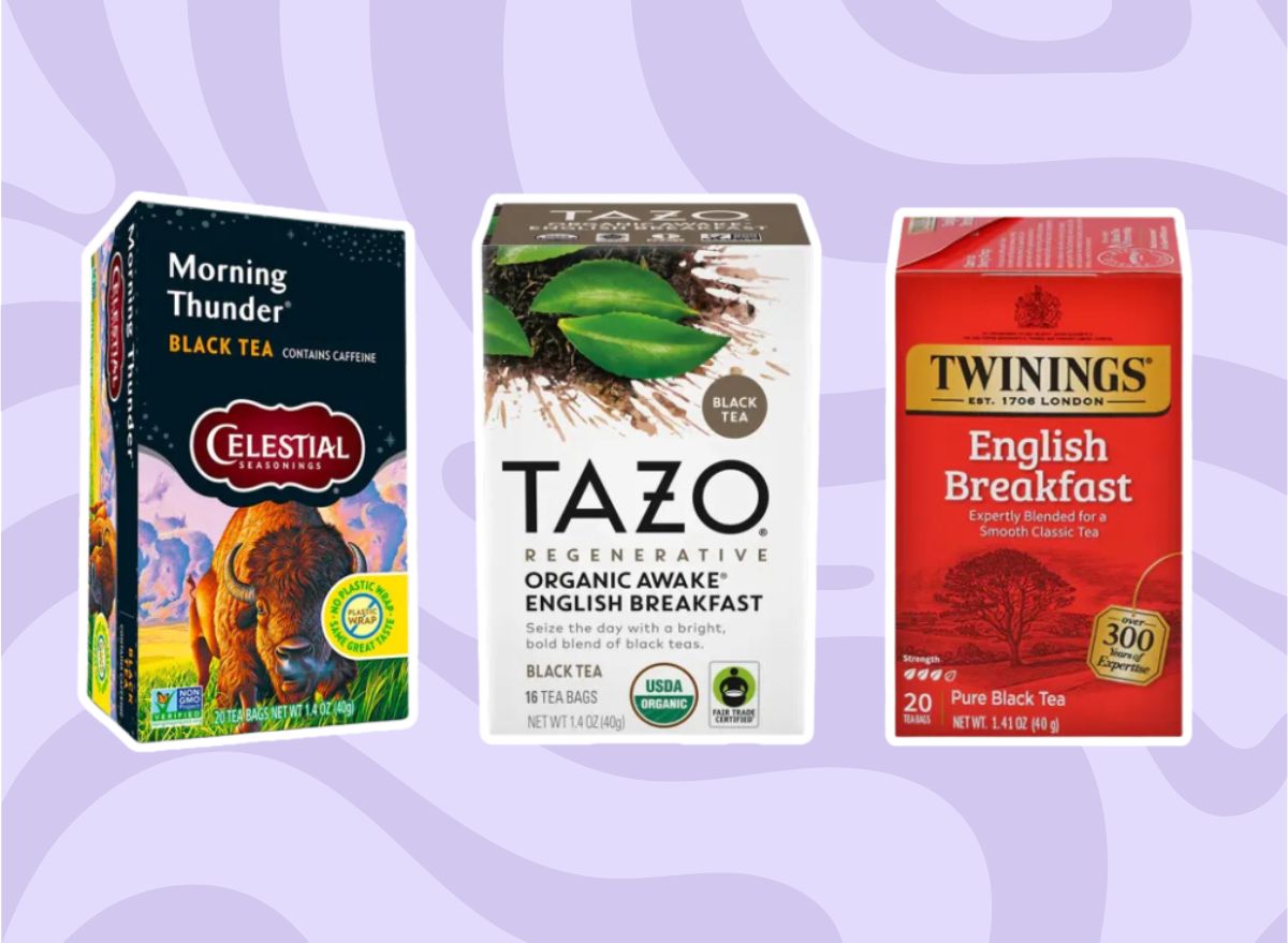 three black tea brands on a purple background