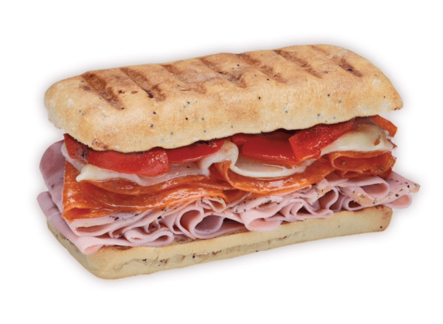 a sicilian panini from blimpie on a white background