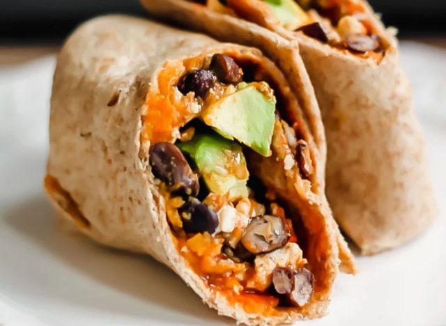 breakfast burrito with avocado, black beans, and sweet potatoes