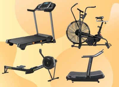 a collage of cardio equipment including a treadmill, an elliptical machine, rowing machine, and assault bike on a designed background