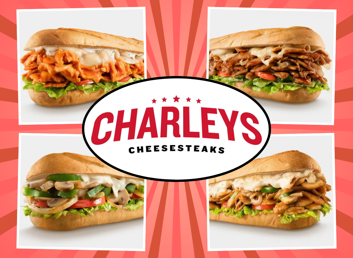 collage of four charleys cheesesteaks on a designed red background