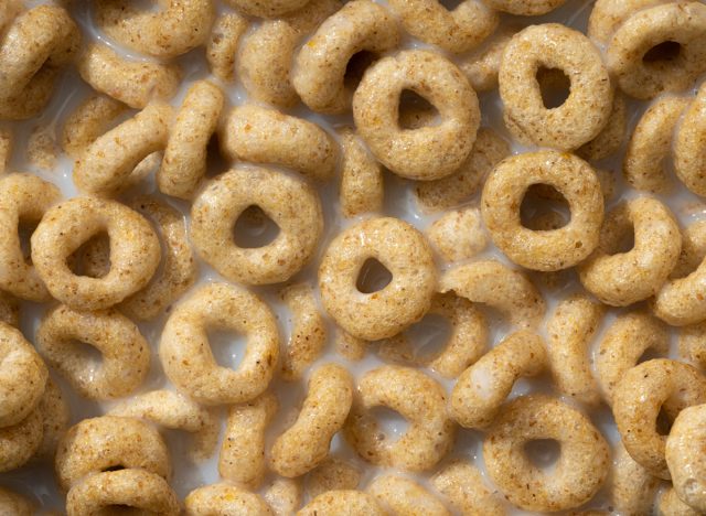 Cheerios in milk closeup