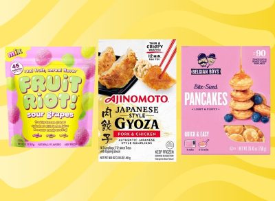 fruit riot sour grapes, ajinomoto japanese style gyzoa, and belgian boys bite-sized pancakes set against a yellow background