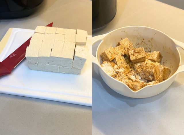 block of tofu cut and bowl of tofu side by side