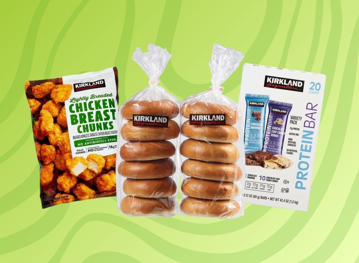 Kirkland Signature chicken chunks, bagels, and protein bars on green background