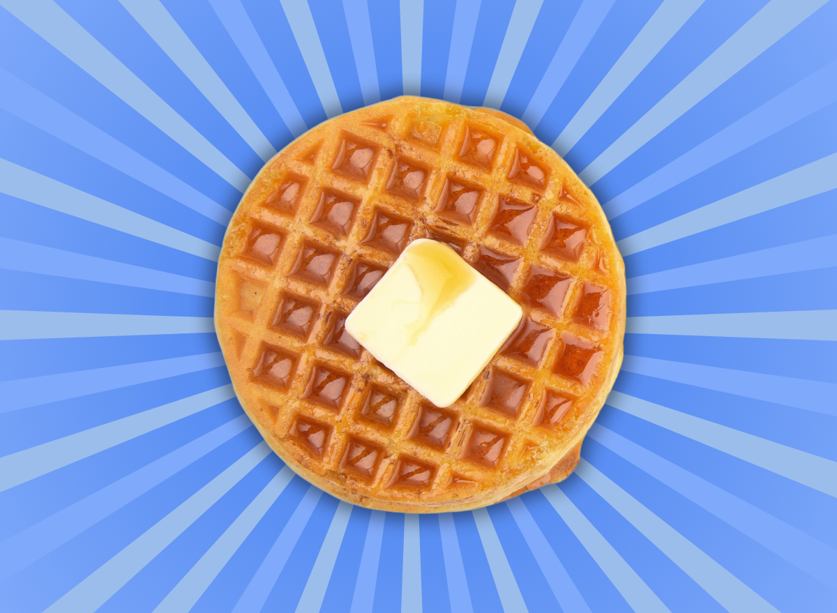 isolated image of a frozen toaster waffle with butter and syrup on a designed blue background