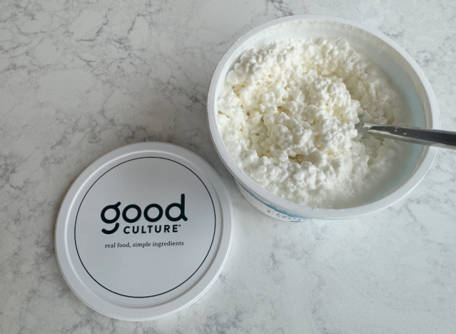 open container of good culture cottage cheese with spoon